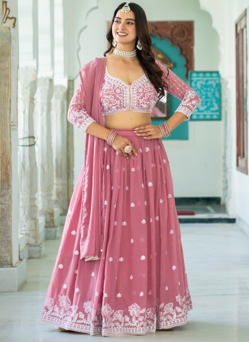 Festive Wear Thread Embroidered Rose Pink Faux Georgette Lehenga Choli