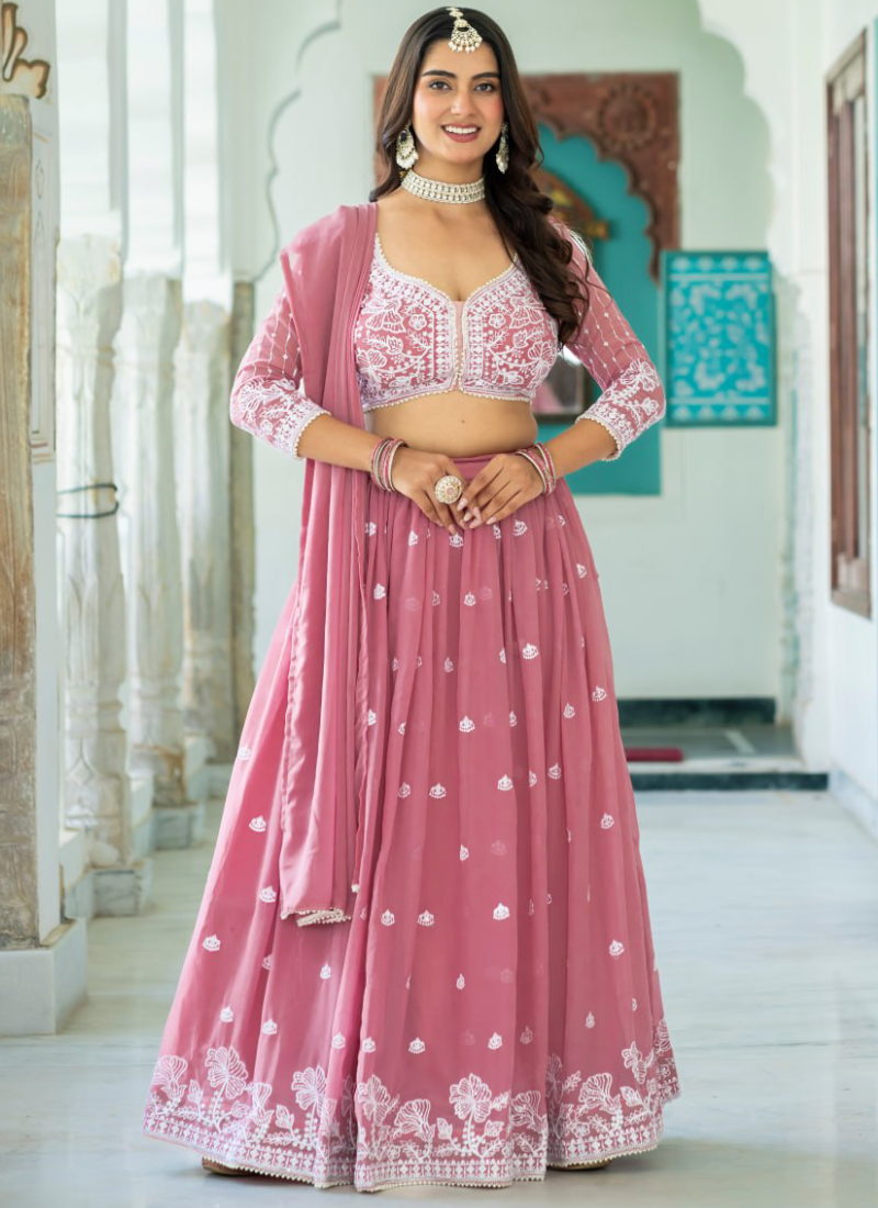 Festive Wear Thread Embroidered Rose Pink Faux Georgette Lehenga Choli
