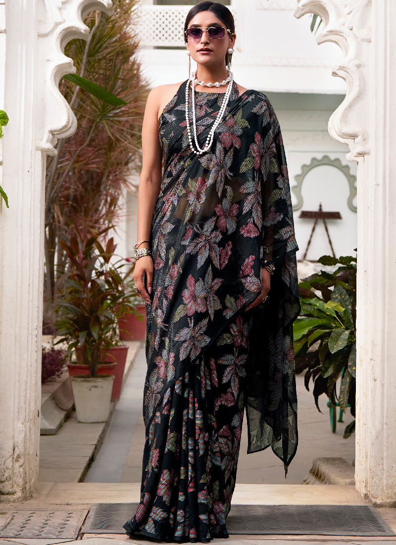 Floral Brasso Printed Party Wear Designer Black Saree With Blouse