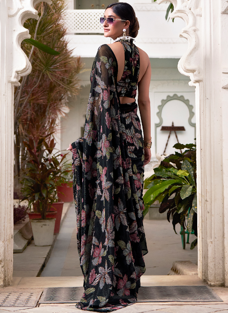 Floral Brasso Printed Party Wear Designer Black Saree With Blouse
