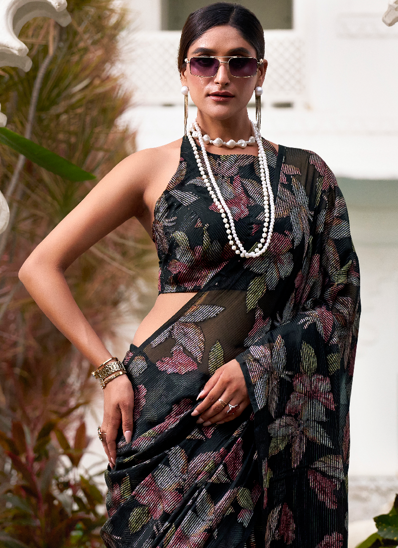 Floral Brasso Printed Party Wear Designer Black Saree With Blouse