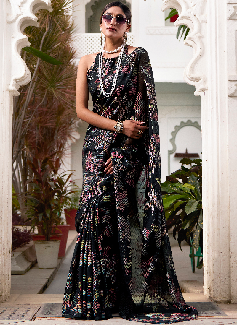 Floral Brasso Printed Party Wear Designer Black Saree With Blouse