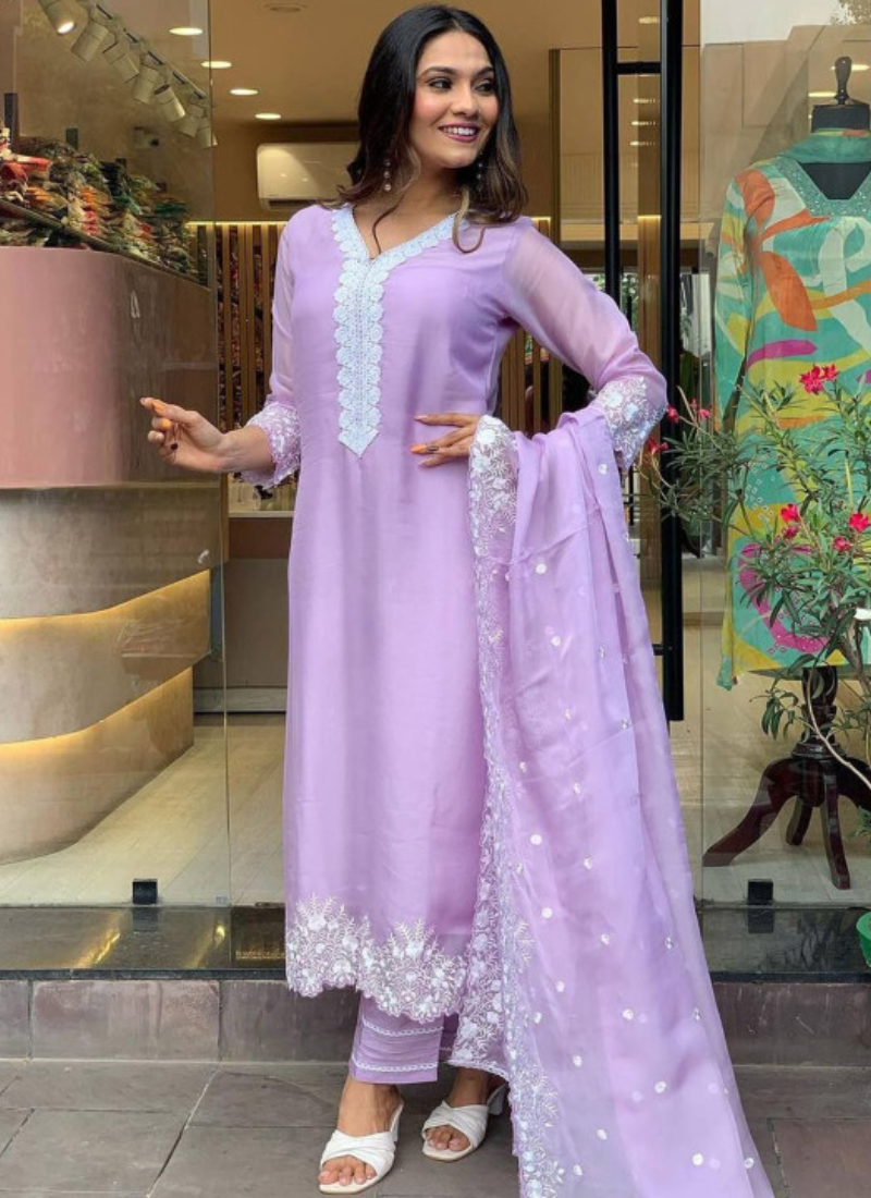 Floral Embroidered Lavender Georgette Kurti Bottom With Dupatta Set