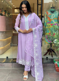 Floral Embroidered Lavender Georgette Kurti Bottom With Dupatta Set