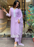 Floral Embroidered Lavender Georgette Kurti Bottom With Dupatta Set