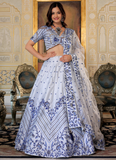 Floral Embroidered Thread Work White Satin Lehenga Choli For Party