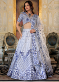 Floral Embroidered Thread Work White Satin Lehenga Choli For Party