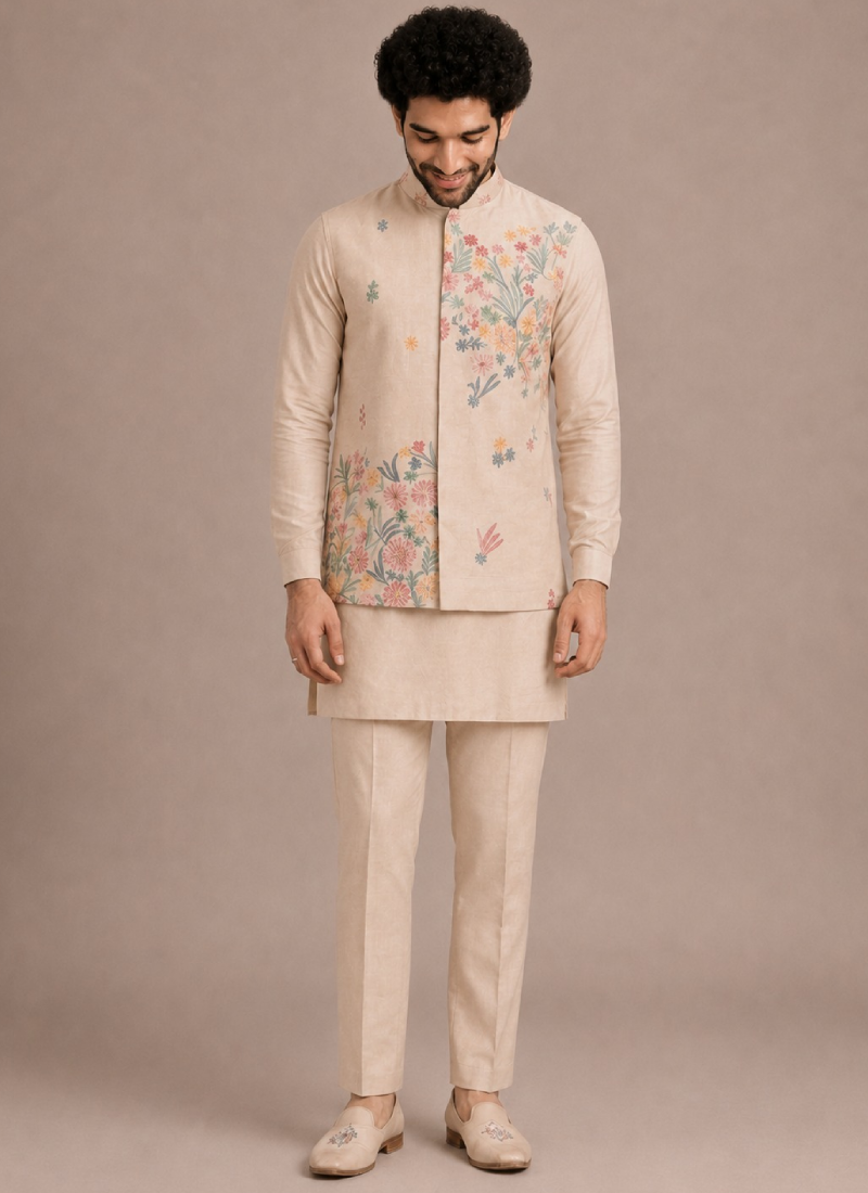 Floral Embroidered Work Beige Silk Men's Kurta Bottom With Jacket