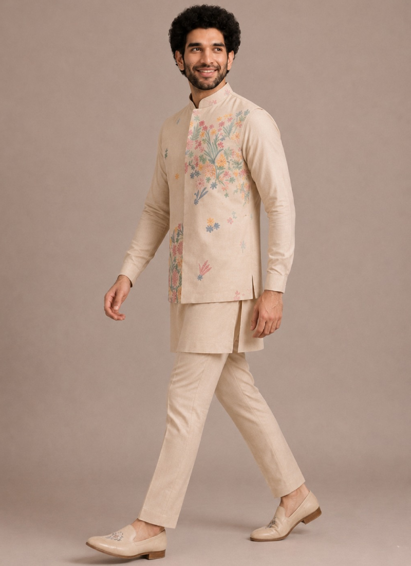 Floral Embroidered Work Beige Silk Men's Kurta Bottom With Jacket
