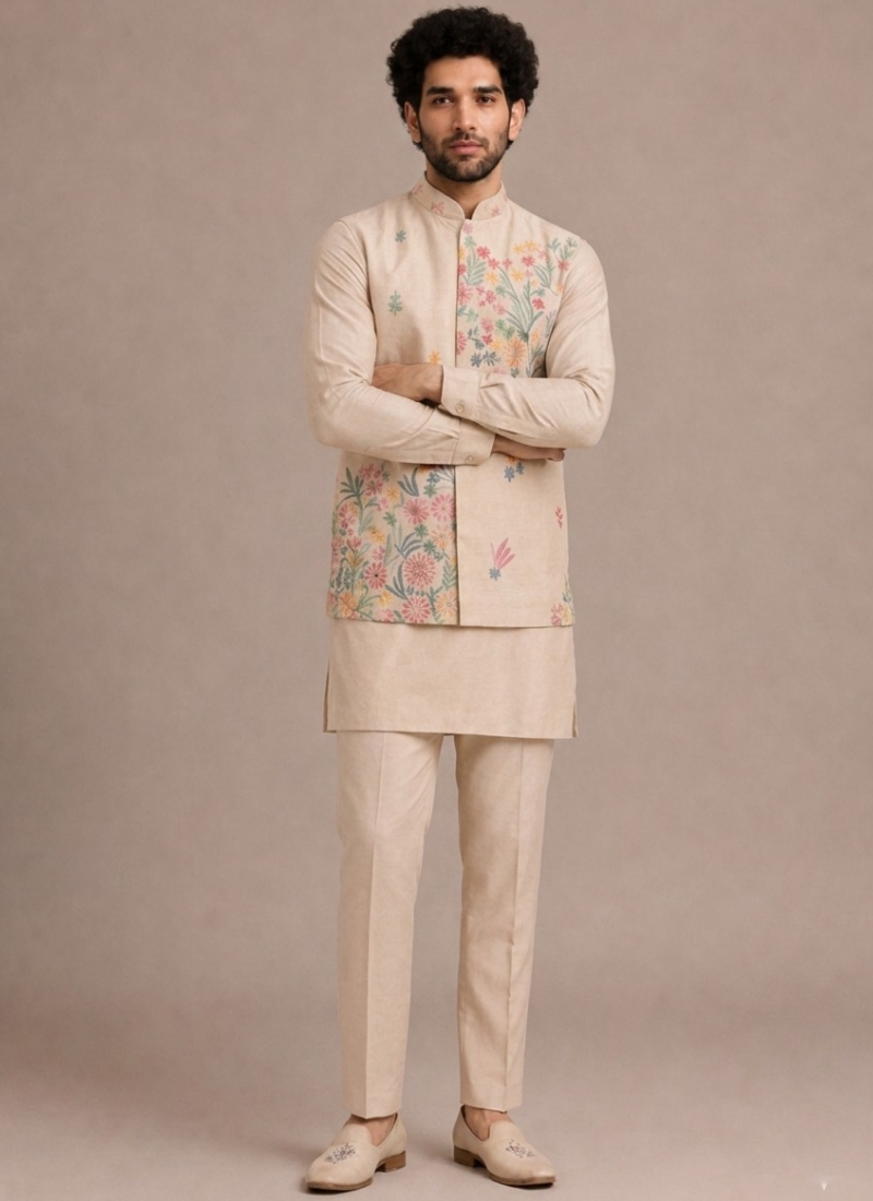 Floral Embroidered Work Beige Silk Men's Kurta Bottom With Jacket