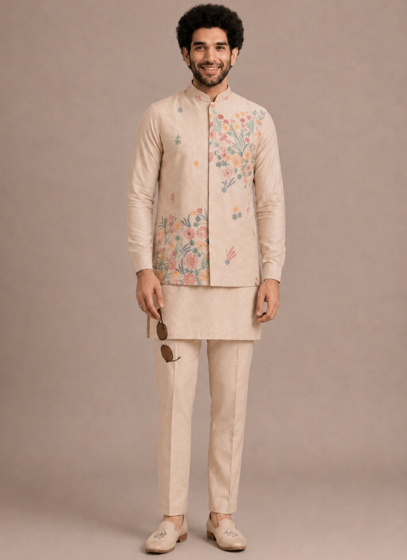 Floral Embroidered Work Beige Silk Men's Kurta Bottom With Jacket