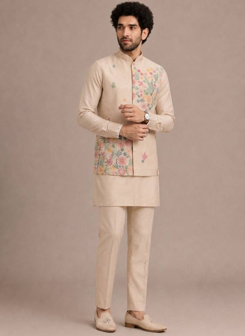 Floral Embroidered Work Beige Silk Men's Kurta Bottom With Jacket