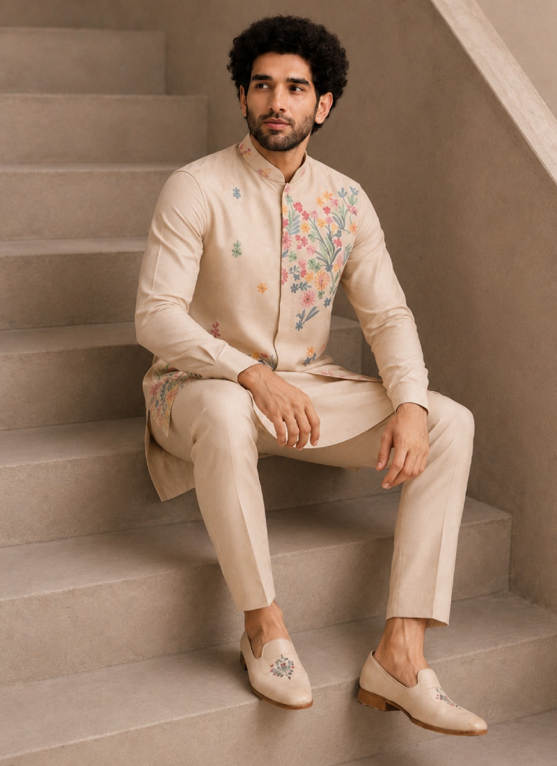 Floral Embroidered Work Beige Silk Men's Kurta Bottom With Jacket