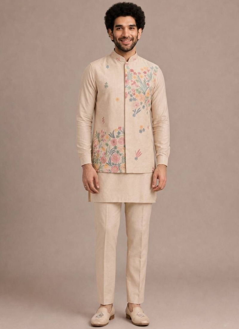Floral Embroidered Work Beige Silk Men's Kurta Bottom With Jacket