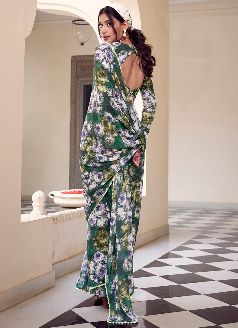 Floral Printed Georgette Mehndi Special Green Saree With Blouse
