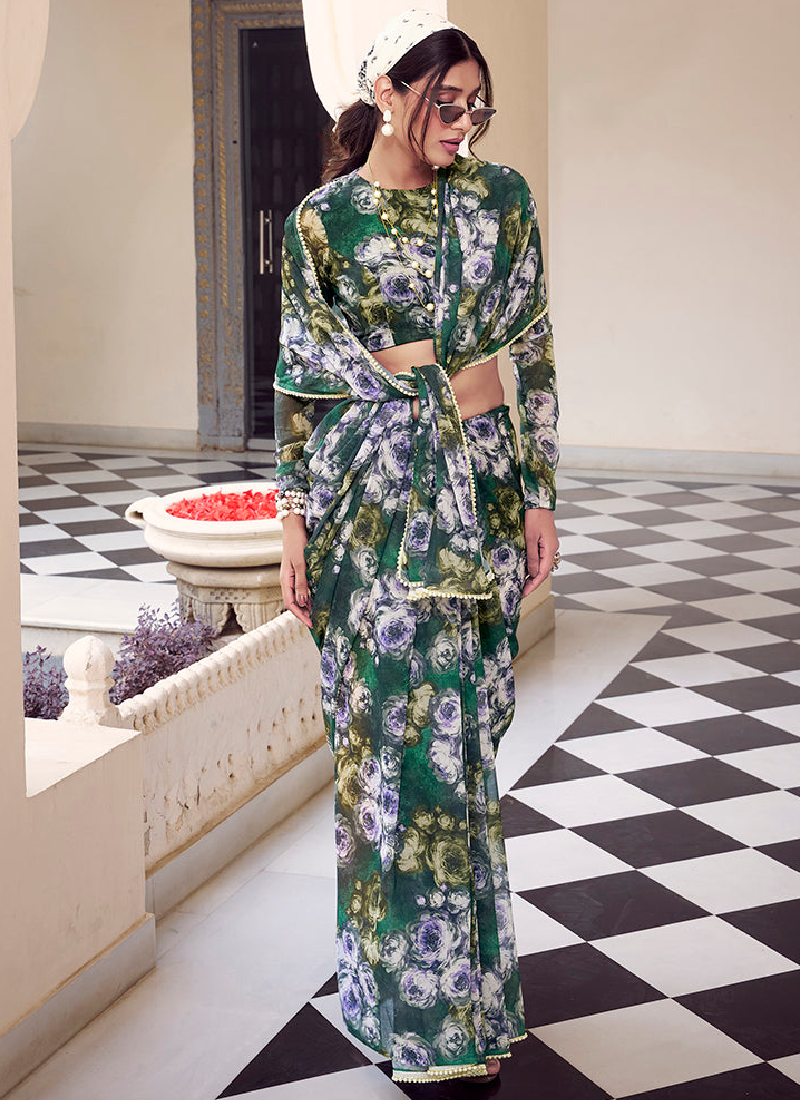 Floral Printed Georgette Mehndi Special Green Saree With Blouse