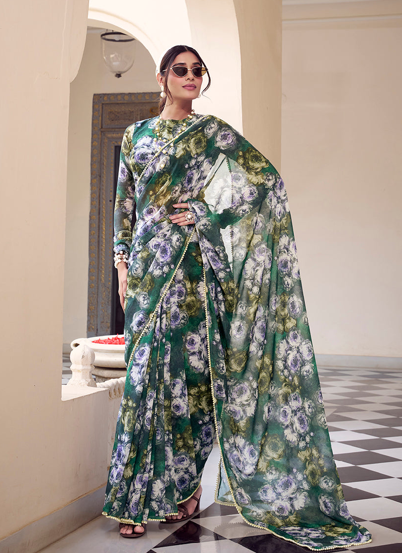 Floral Printed Georgette Mehndi Special Green Saree With Blouse