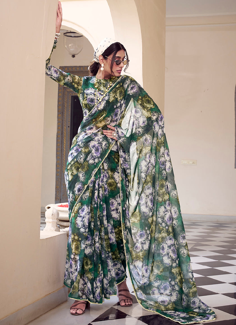 Floral Printed Georgette Mehndi Special Green Saree With Blouse