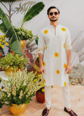Floral Printed Georgette White Haldi Special Mens Kurta
