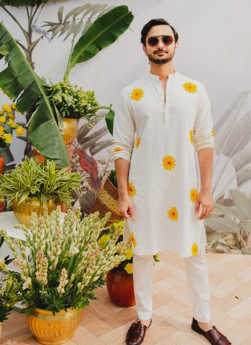 Floral Printed Georgette White Haldi Special Mens Kurta