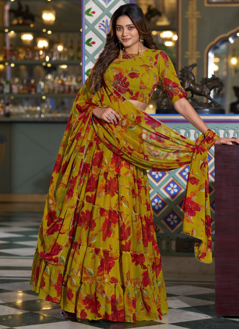 Floral Printed Olive Yellow Marble Fabric Lehenga Choli For Women