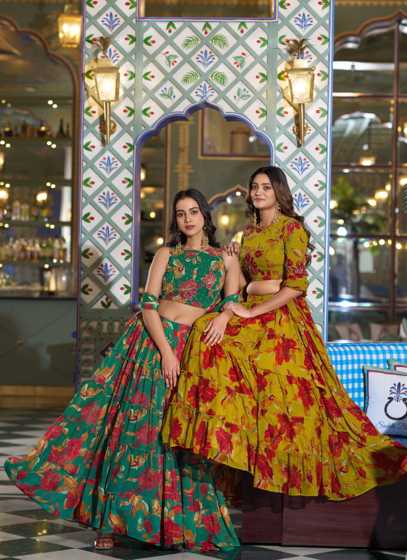 Floral Printed Olive Yellow Marble Fabric Lehenga Choli For Women