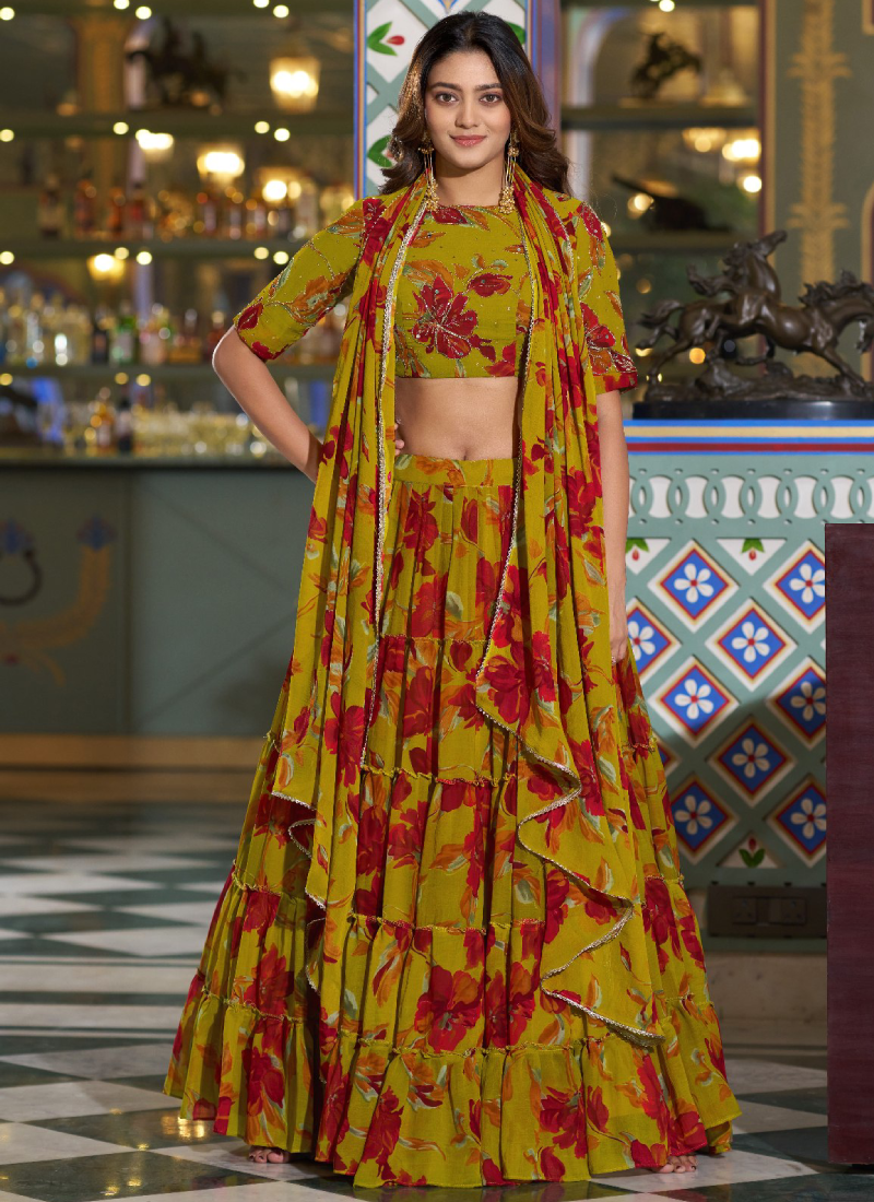 Floral Printed Olive Yellow Marble Fabric Lehenga Choli For Women