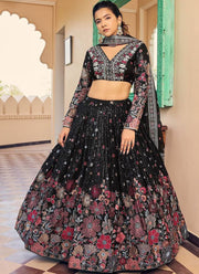 Floral Thread Embroidered Georgette Black Party Wear Lehenga Choli