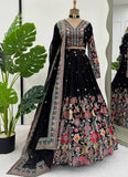 Floral Thread Embroidered Georgette Black Party Wear Lehenga Choli