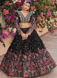 Floral Thread Embroidered Georgette Black Party Wear Lehenga Choli