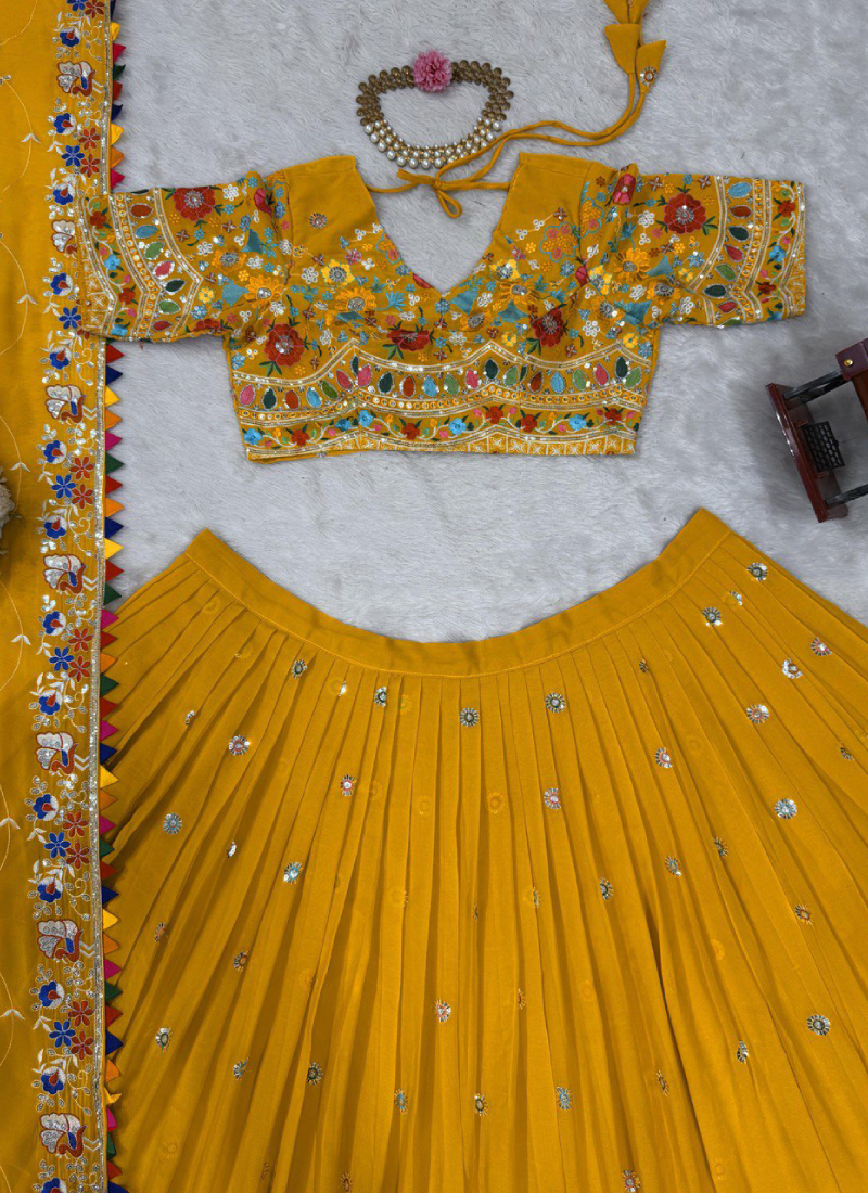 Floral Thread Embroidered Georgette Yellow Haldi Special Lehenga Choli