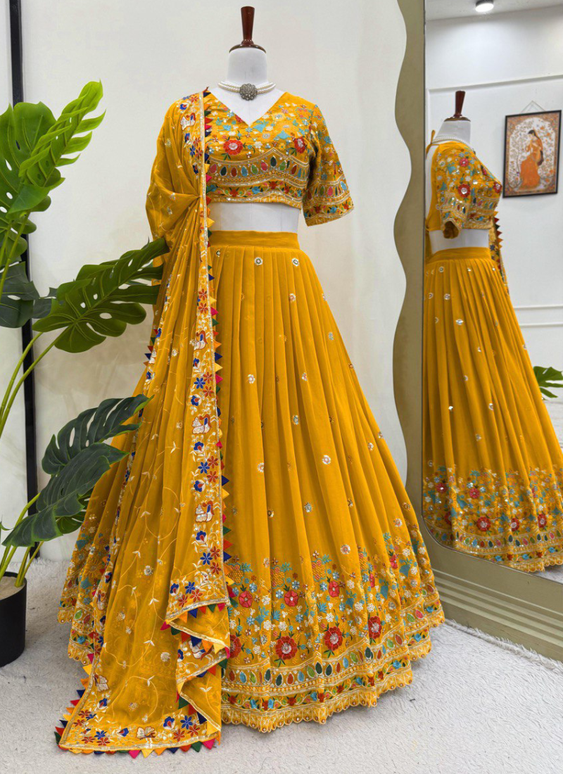 Floral Thread Embroidered Georgette Yellow Haldi Special Lehenga