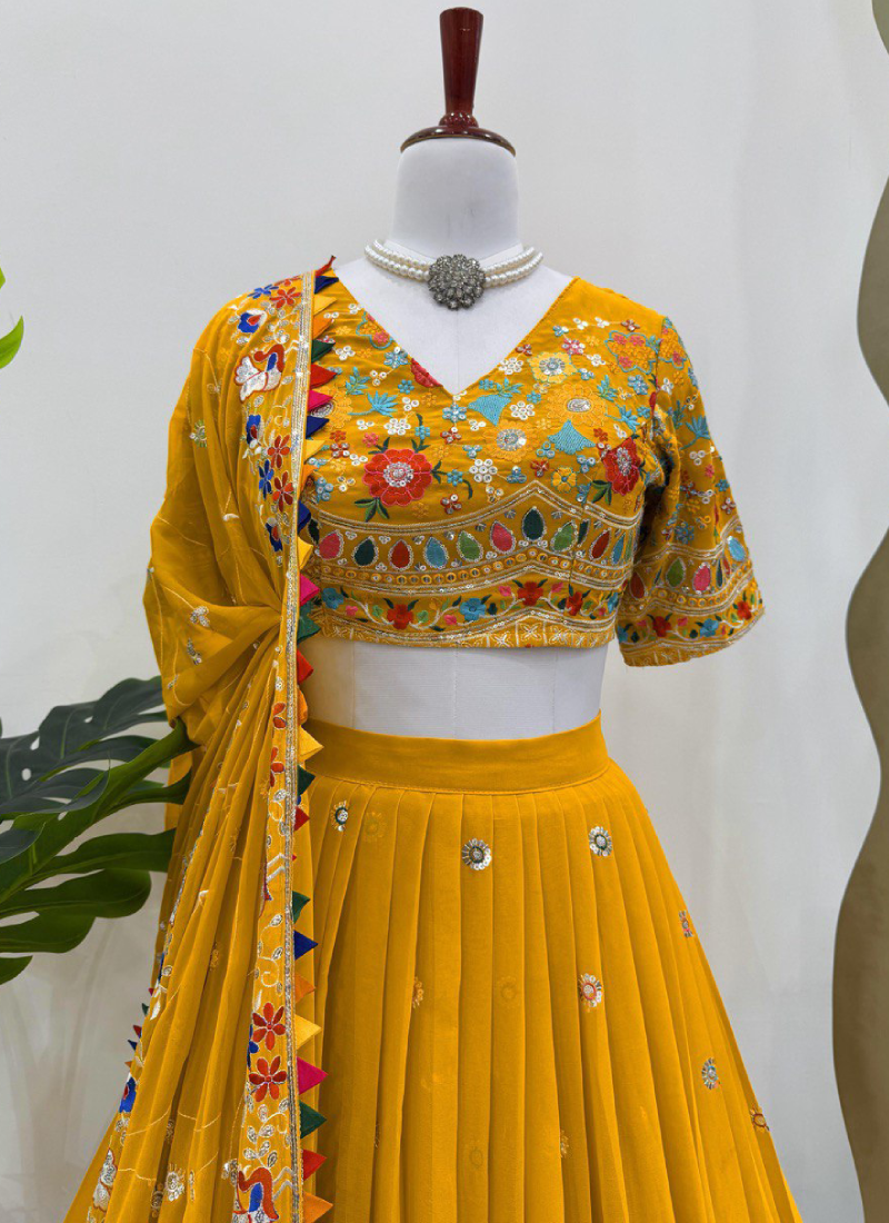 Floral Thread Embroidered Georgette Yellow Haldi Special Lehenga Choli