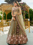 Floral Thread Embroidered Satin Olive Green Lehenga Choli With Dupatta