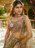Floral Thread Embroidered Satin Olive Green Lehenga Choli With Dupatta