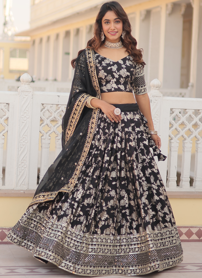 Floral Viscose Jacquard Sequence Work Black Lehenga Choli For Party