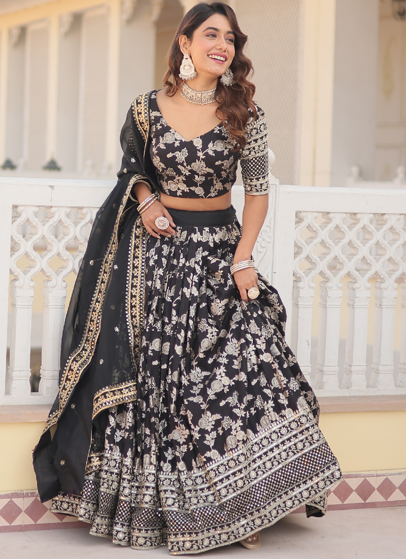 Floral Viscose Jacquard Sequence Work Black Lehenga Choli For Party