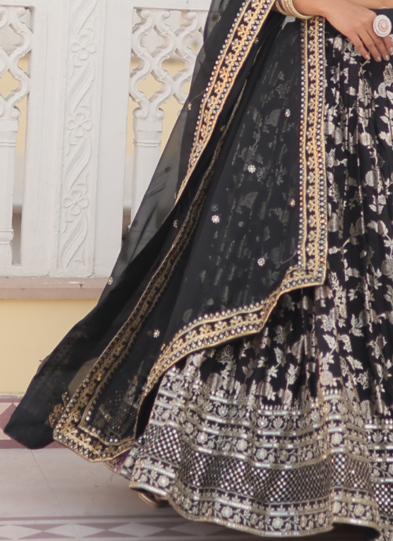 Floral Viscose Jacquard Sequence Work Black Lehenga Choli For Party