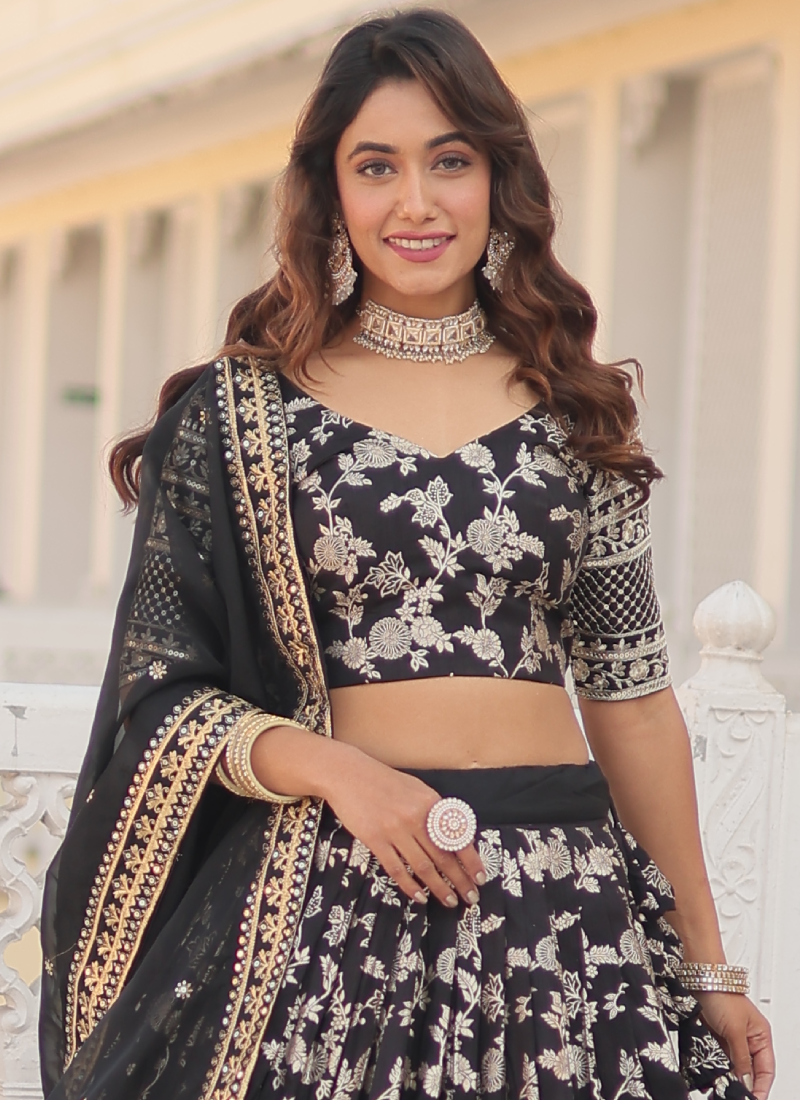 Floral Viscose Jacquard Sequence Work Black Lehenga Choli For Party