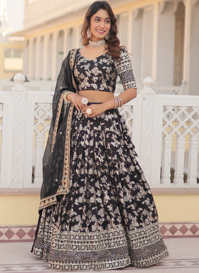 Floral Viscose Jacquard Sequence Work Black Lehenga Choli For Party