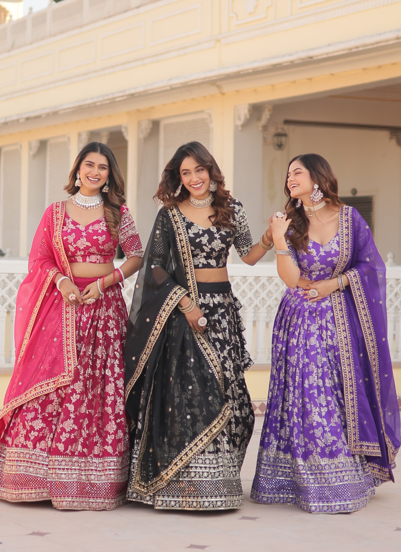 Floral Viscose Jacquard Sequence Work Black Lehenga Choli For Party