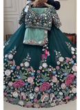 Floral Thread Embroidered Work Emerald Green Chinon Silk Lehenga Choli