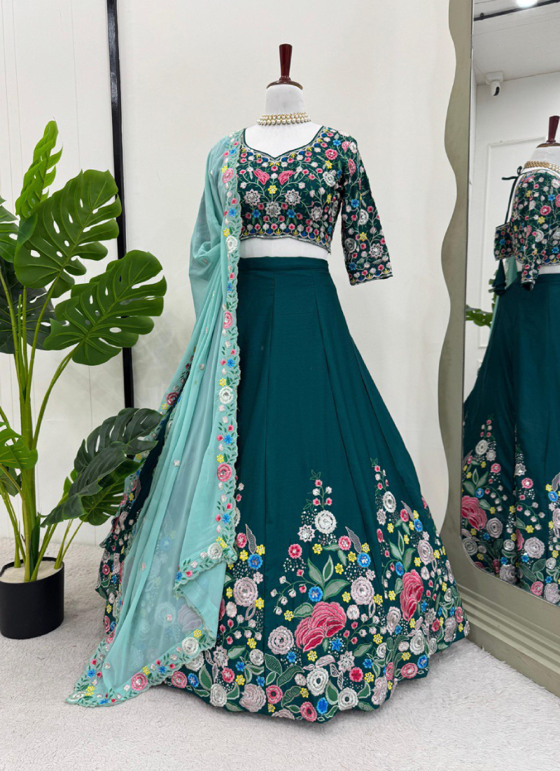 Floral Thread Embroidered Work Emerald Green Chinon Silk Lehenga Choli