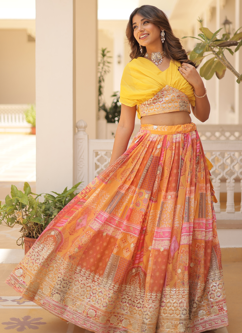 Foil Work Silk Digital Printed Haldi Special Yellow Crop Top Lehenga
