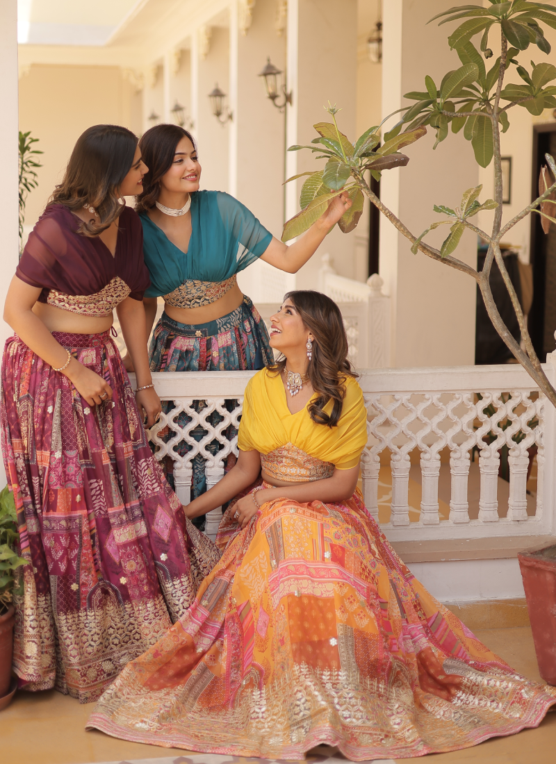 Foil Work Silk Digital Printed Haldi Special Yellow Crop Top Lehenga