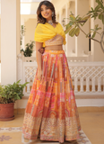 Foil Work Silk Digital Printed Haldi Special Yellow Crop Top Lehenga