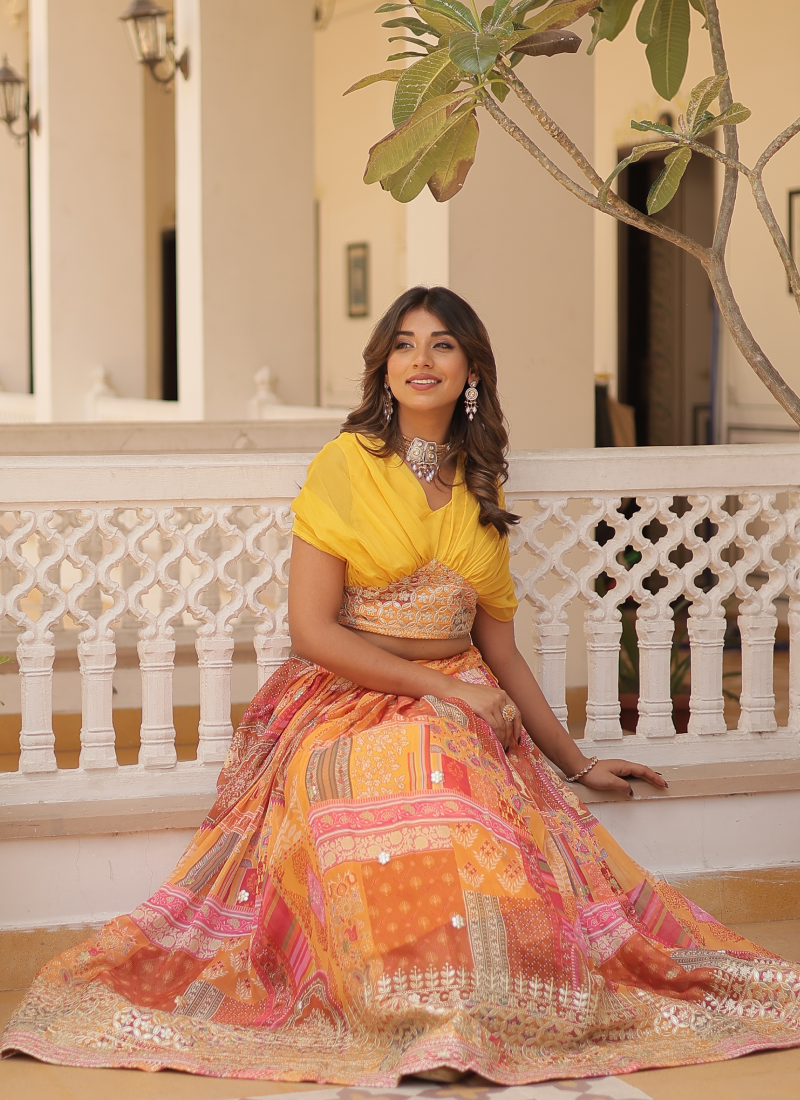 Foil Work Silk Digital Printed Haldi Special Yellow Crop Top Lehenga