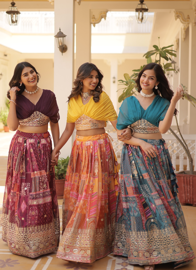 Foil Work Silk Digital Printed Haldi Special Yellow Crop Top Lehenga