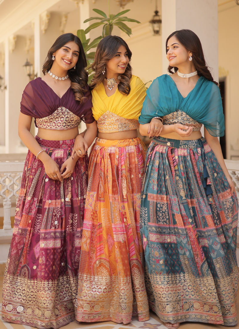 Foil Work Silk Digital Printed Haldi Special Yellow Crop Top Lehenga