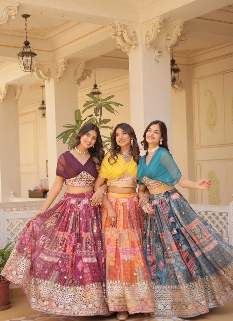 Foil Work Silk Digital Printed Haldi Special Yellow Crop Top Lehenga